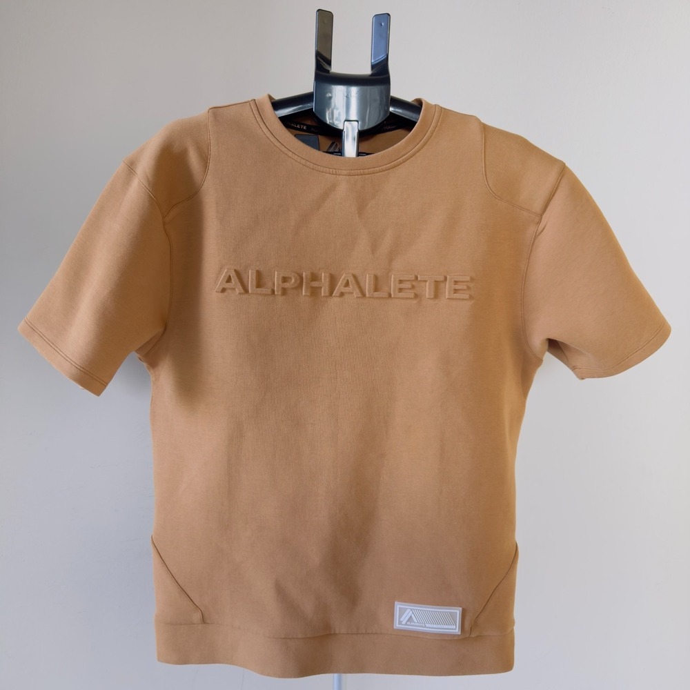 Alphalete Oversized Short Sleeve Sweatshirt‎ Tan Beige Embossed Logo Medium Sz M